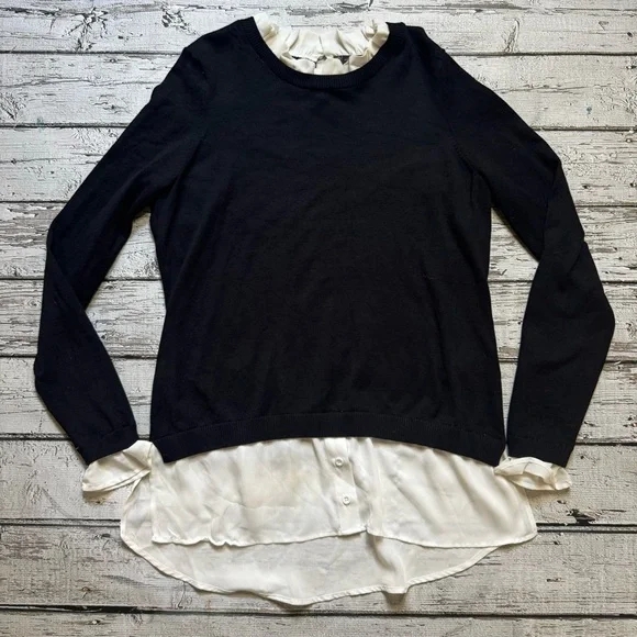 Adrianna Papell Women’s Ruffle Neck Twofer Sweater - Black & White, Size M - Picture 1 of 8